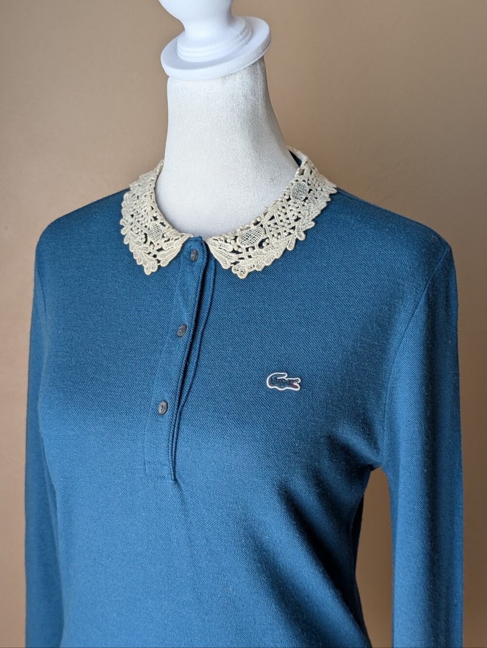 Lacoste Live Teal Blue Wool Blend Polo Dress Crochet Lace Collar XS